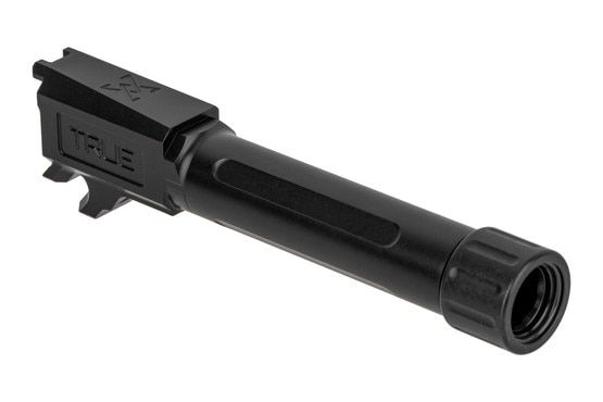 TRUE Precision SIG P365 barrel is lightly fluted, cut from 416R stainless steel, and finished with a slick Black DLC with 1/2x28 threads